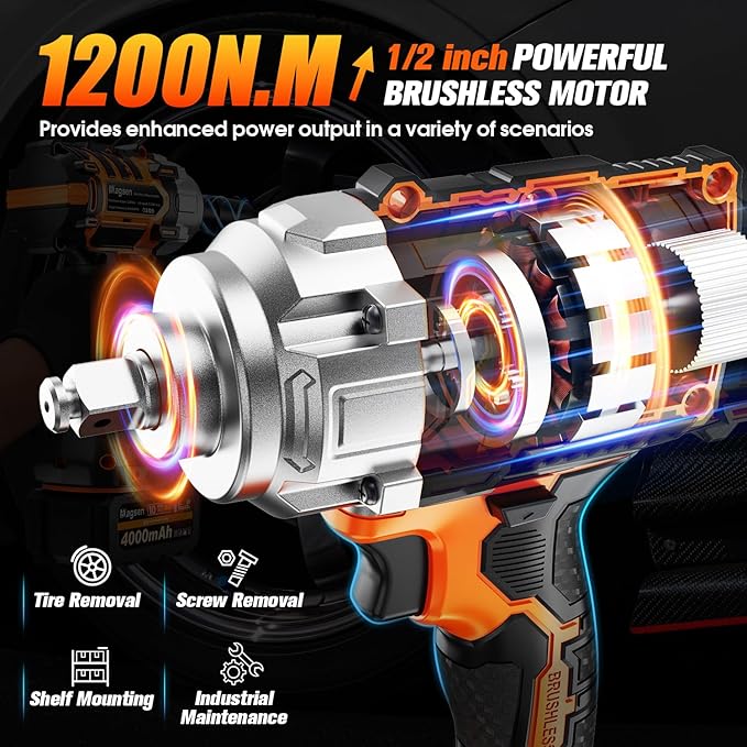1/2 inch Cordless Impact Wrench, 900Ft-lbs (1200N.m) High Torque Brushless Impact Gun,3800RPM,2x4000mAh Battery, 5 Sockets,LED Light,Electric Impact Motor Variable Speeds for Car/Mower/Pickup