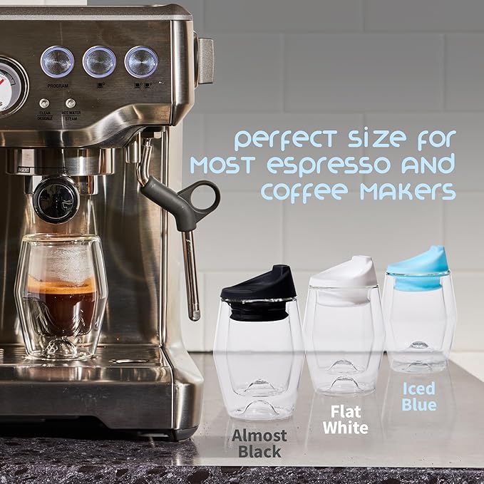 To-Go Espresso Glass Travel Mug with Lid, Reusable Double Wall Glass Tumbler, Fits Most Coffee Makers/Cupholders for Your Car, Gifts for Coffee Lovers, 2-Pack Flat White Cortado Cups