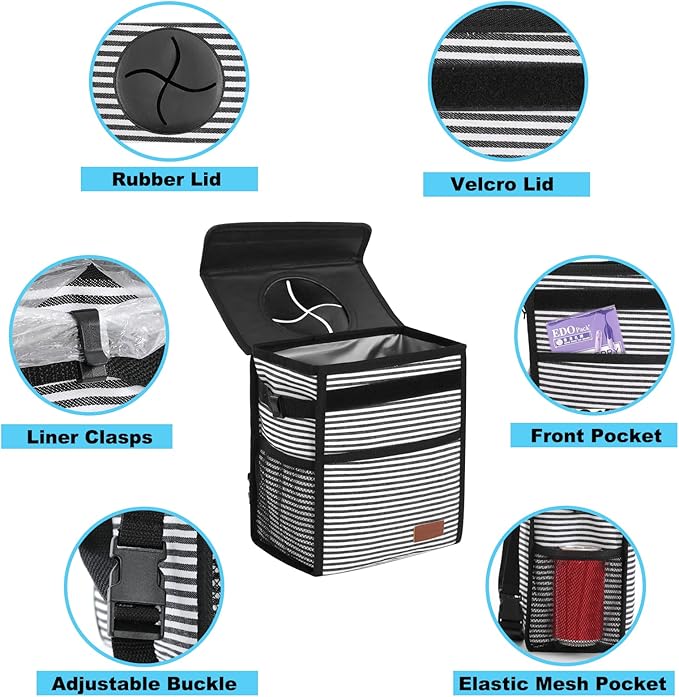Femuar Car Trash Can with Lid - Leak Proof, Waterproof, Multipurpose Car Hanging for Headrest, Collapsible, Portable with Storage Mesh Pocket, Stripe