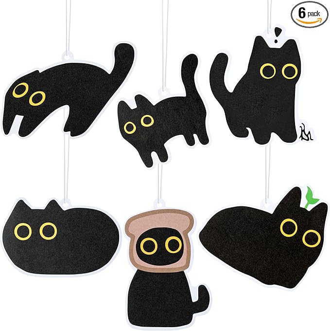 Car Air Fresheners Set - 6Pcs Cute Black Cat Freshener Hanging Ornaments Refresh Air Fragrant Pendant Essential Gift For Car Accessories Decoration Interior Home Household Long-Lasting Scent