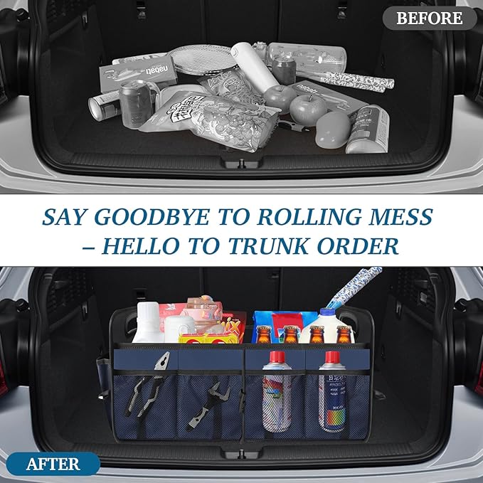 Trunk Organizer, Collapsible Waterproof Multi-Compartment Trunk Organizer for SUVs & Sedans, Car Storage with Reinforced Handles, Car Accessories for Women and Men, 52L
