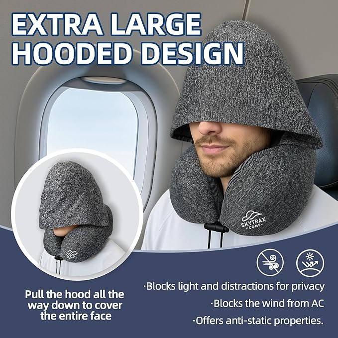 Travel Pillow with Extra Large Hood for Airplane Long Flights Privacy and Comfort Memory Foam with Skin-Friendly Cover for Road Trip Head&Neck Support for Plane Office Cars Sleeping & Rest (Grey)