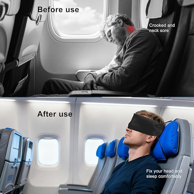 Travel Pillows for Airplanes, Airplane Head Strap with Silk Eye Mask for Sleeping, Long Flights & Car Road Trips 360°Headrest Neck Support, Stops Bobbing, Small & Compact（Black）