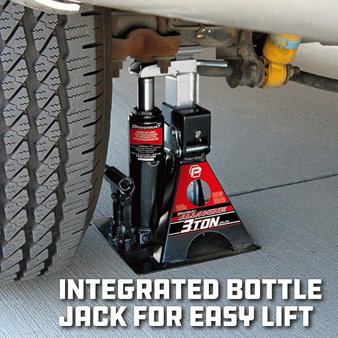 POWERBUILT 3 Ton All-in-One Hydraulic Bottle Jack and Jackstand in One, Compact, Wide Base, 11-21 Inch Range, Eliminates Jackstands, for Trucks, SUVs, RVs, Trailers, ASME, Not for Sedans - 640912