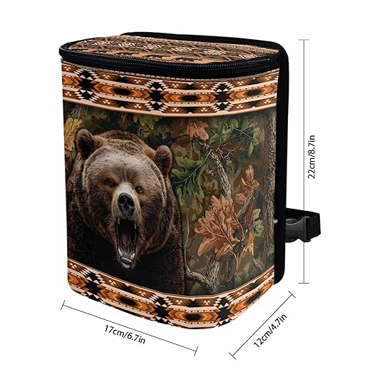 Southwest Aztec Tribal Bear Car Garbage Can with Adjustable Straps Zip Closure Car Trash Bin Multipurpose Storage Box for Travel Camping Picnicing
