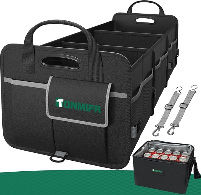 112L Large Capacity Car Trunk Organizer with 20L Insulated Fresh-Keeping Bag, Heavy-Duty 600D Waterproof Oxford Collapsible Storage for SUV, Sedan, Truck, 2 Securing Hooks & Reflective Strips