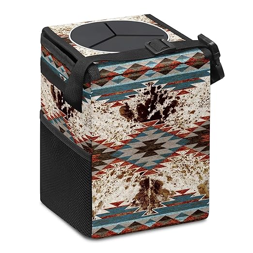Western Aztec Cow Print Collapsible Reusable Waterproof Car Trash Can with Lid - Automotive Garbage Can, Interior Car Organizer