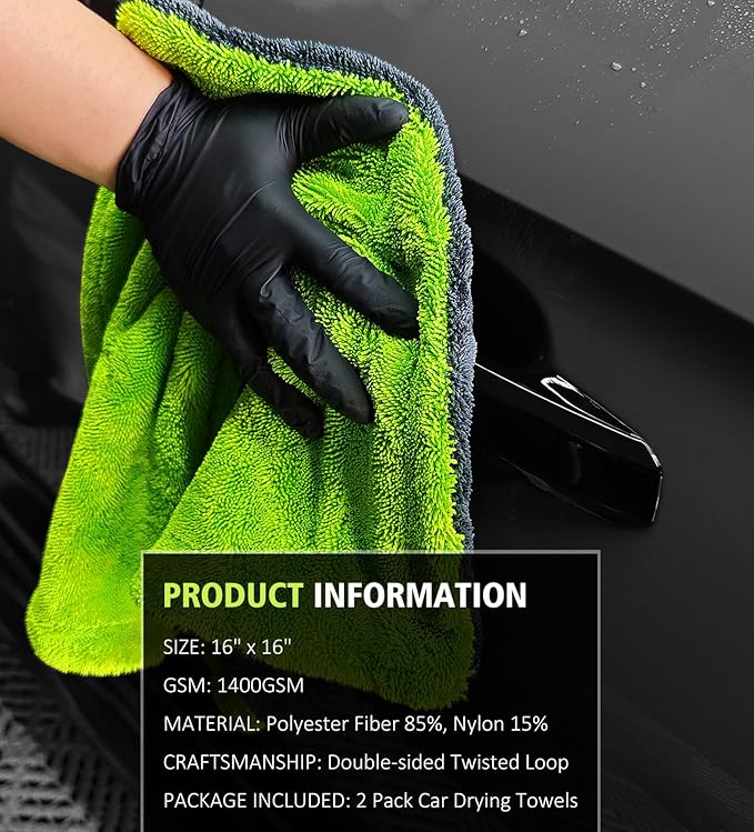 YeewayVeh 2-Pack 16"x16" Car Detailing Drying Towels, 1400 GSM Microfiber Drying Towels, for Final Water Chasing, Safe Drying of Gaps, Mirrors & Vehicle Interiors, Green