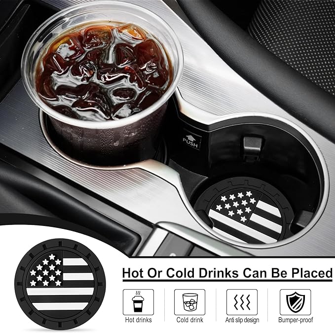 JUSTTOP Car Cup Holder Coaster,American Flag Non-Slip Insert Car Cup Coaster,Car Accessories Interior for Women and Man,4 Pack Black