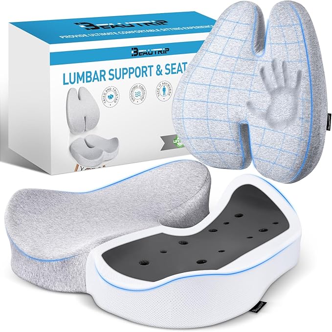 BEAUTRIP Seat Cushion & Lumbar Support Pillow for Office Chair, Car & Wheelchair - Ergonomic Coccyx Cushion for Tailbone, Sciatica & Back Pain Relief - Extra-Dense Charcoal Memory Foam Chair Cushions