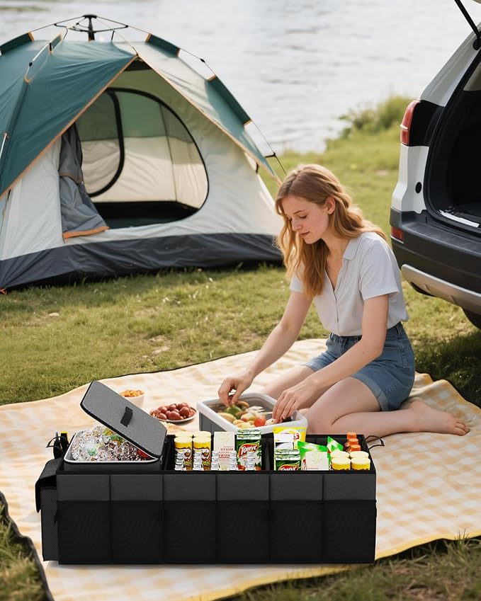 HOTOR Trunk Organizer for Car & SUV, Sturdy Car Organizer with Removable Cooler, Large Foldable Trunk Organizer with Cooler, 3 Compartments, Adjustable Straps, Black, 35.43”×14.17“×10.63”