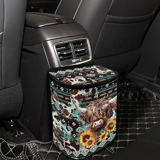 Highland Cow Car Trash Bag Southwest Aztec Car Trash Interior Accessories for Back Seat Headrest Sunflower Car Trash Bin Hanging Trash Bag for Car Garbage Can