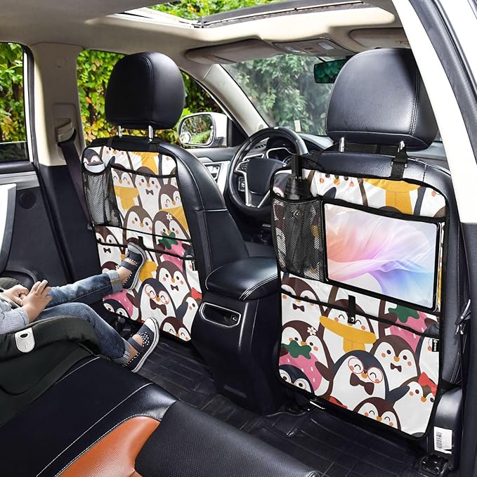 2 Pack Backseat Car Organizer with Storage Pockets Seat Back Organizers for Kids Kick Mats Backseat Protector Automotive Penguin Cute