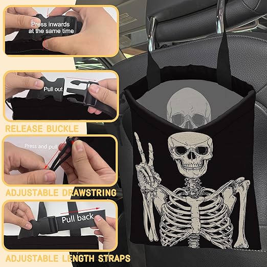 Skull Skeleton Car Garbage Bag, Small Car Trash Bag Hanging,Drawstring Car Garbage Bag with Adjustable Buckle for Car Back Seat,SUVs,Camping,Road Trips