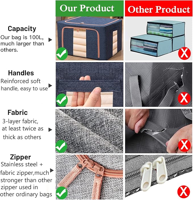 100L Large Storage Bags,Stackable Clothes Storage Bins with Hold Shape Metal Frame,Foldable Closet Organizer Containers with Zipper,Clear Window,Thick Fabric for Seasonal Clothing (Gray, 4 Pack)