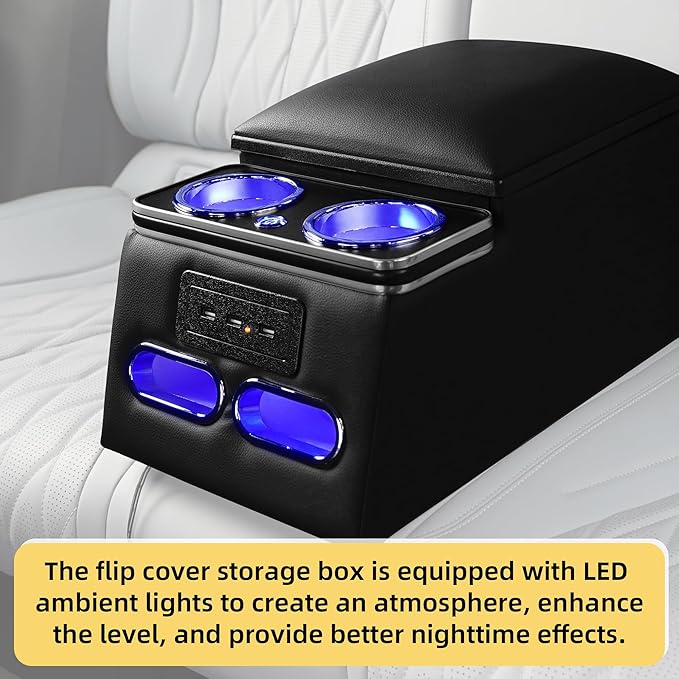 Universal Truck Seat Organizer with Padded Armrest Lid | Features 3 USB Ports, 2 Drawers & Cup Holders | Extra Storage for Car, SUV & Van