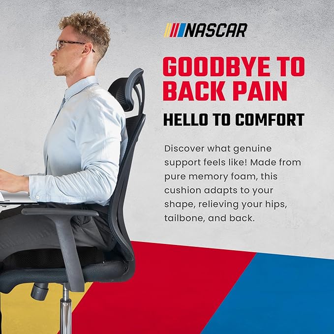 NASCAR Seat Cushion | Ergonomic U-Shape with Memory Foam for Tailbone, Sciatica, & Back Pain Relief | Breathable 3D Air Mesh Material w/Non-Slip Rubber Bottom | for Car, Office, Home, Travel | Black