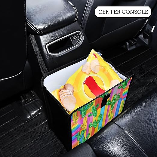 Rainbow Color Stripes and Cactus Car Trash Can Foldable Hanging Waterproof Medium Automotive Garbage Cans Trash Bin Storage Bag Car Dustbin Organizer Accessories Large 11x11x5.9