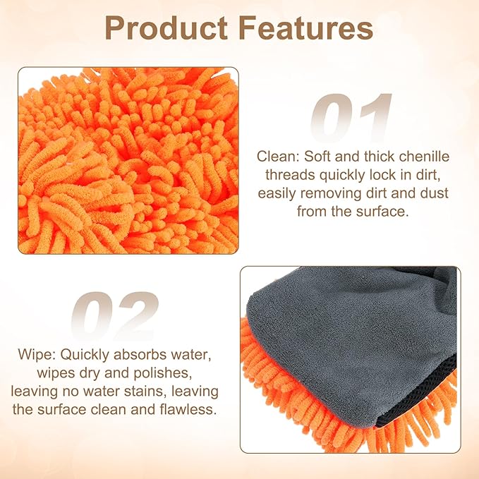HARFINGTON 2pcs Chenille Microfiber Car Wash Mitts 9.8" x 7.9" Scratch Free Wash Gloves Absorbent Double Sided Plush Cleaning Drying Mitts for Car Washing Home Clean, Orange