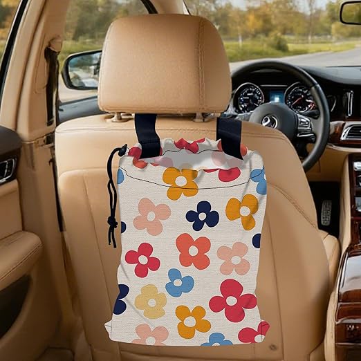 Colorful Groovy Flowers Car Trash Bag, Strap Drawstring Car Garbage Bags,Car Back Seat Organizer with Adjustable Buckle for Car Accessories