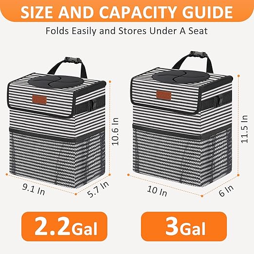 3 Gallons Car Trash Can with Lid, Car Trash Bag Bin Hanging Waterproof Automotive Garbage Cans Leak Proof Vehicle Trash Can Stripe