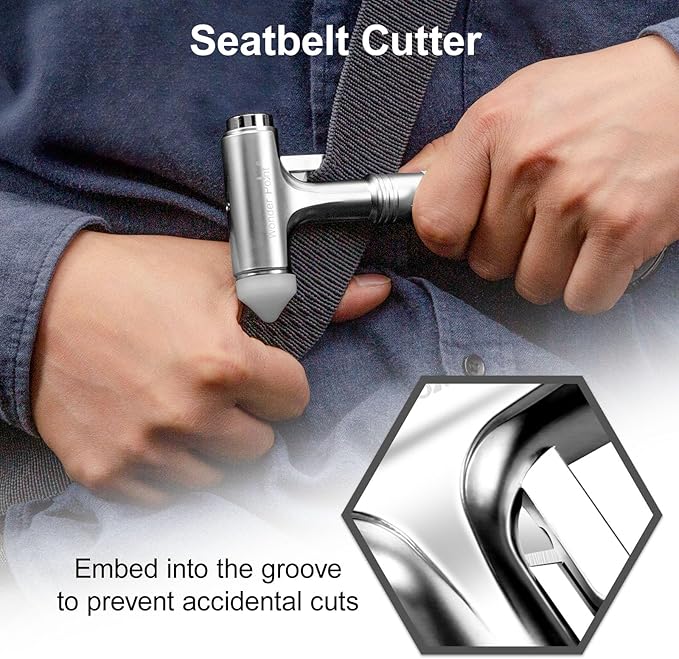 Premium Car Glass Breaker with Seat Belt Cutter - Automotive Safety Hammer - Emergecy Escape Tool, Car Autoaccessory Metal Window Hammer, Vehicle Hard Aluminium Alloy Head Design(Silver)