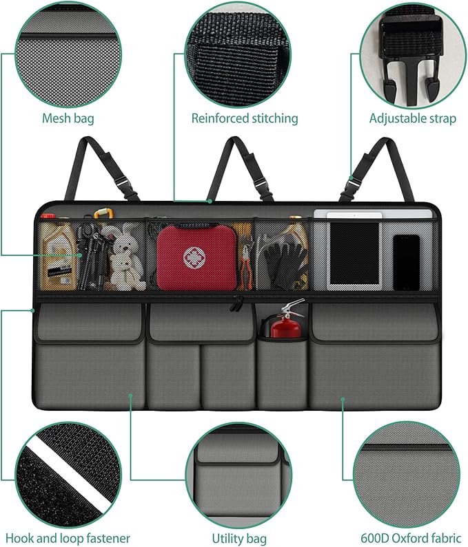 Hanging Car Trunk Organizer Fit For Ford Explorer Foldable Large Capacity 41.3x20 inch Backseat Trunk Organizers Storage, Car Accessories Interior, with Multi Pockets Grey