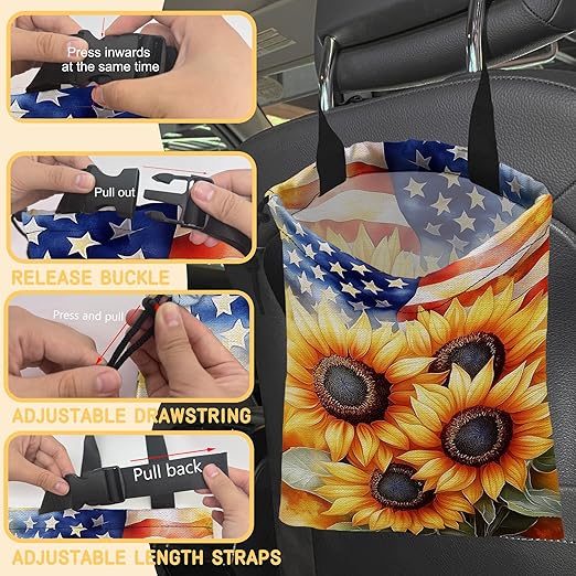 Sunflowers on American Flag Car Garbage Bag, Small Car Trash Bag Hanging Back of Seat,Drawstring Car Trash Bag with Adjustable Buckle,Car Accessories for Camping Travelling