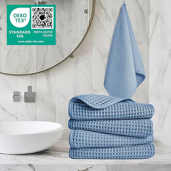 POLYTE 430 GSM Microfiber Lint Free Hand Towel, 16 x 30 in, 4 Pack (Waffle Weave)