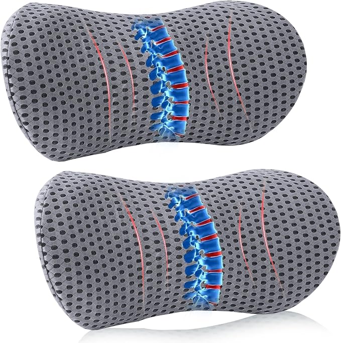 Lumbar Pillow, 2 Pack Memory Foam Lumbar Support Pillow for Office Chair and Car Seat, Ergonomic Streamline Back Pillow for Lower Back Pain Relief, Back Support Pillow for Sitting, Driving, Traveling