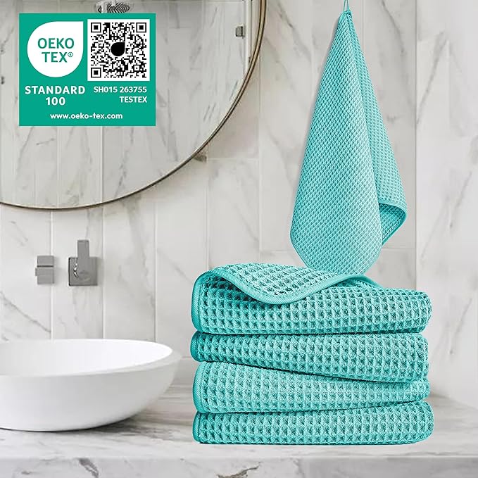 POLYTE 430 GSM Microfiber Lint Free Hand Towel, 16 x 30 in, 4 Pack (Waffle Weave)