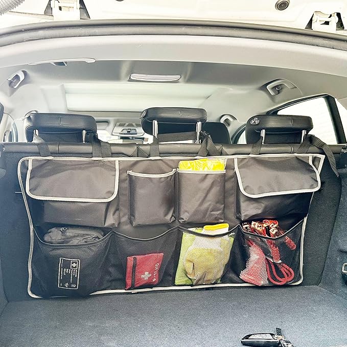 Car Back Seat Trunk Organizer Hanging Bag, Car Interior Organizer Accessories with 4 Pockets and 4 Mesh Pouches,Save More Storage Trunk Space for SUV,Jeep,MPV