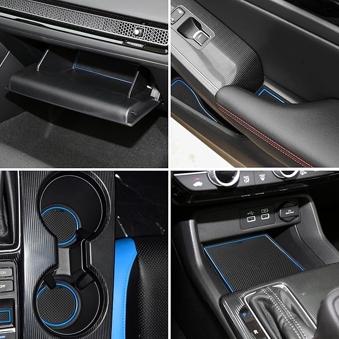 SENSHINE for Honda Civic Accessories 2022 2023 2024 2025 2026 11th Gen Sedan Cup Holder Insert Center Console Liner Door Slot Mats Pad Coaster Trim Premium Rubber Custom Interior 17PC Set (Blue Trim)