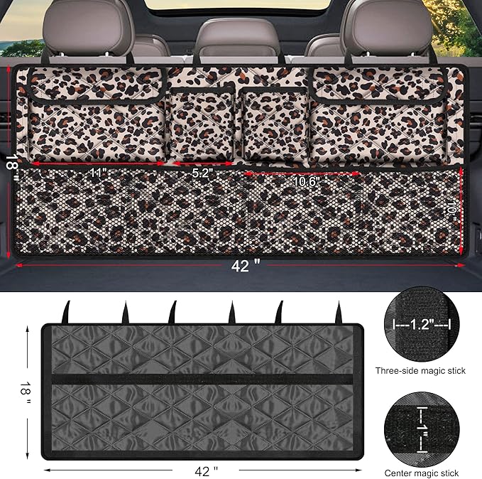 Femuar Car Trunk Organizer,Large Capacity Backseat Trunk Organizer(42"*18"),Collapsible Car Storage Bag with 8 Pocekt,Car Organizer for SUV/MPV/Truck - Leopard print