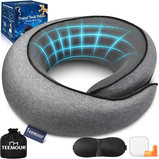 Teemour Travel Neck Pillow Airplane 360° Support Memory Foam Travel Pillows for Airplanes with Eye Mask & Ear Plugs, Portable Carry Bag for Travel & Office, Essentials for Home, Business Trip, Large