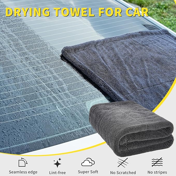 Wasal Car Drying Towel - 24" x 36" XL, Popular Pick Among Detailing Pro- 1300 GSM Microfiber Edgeless Twisted Loop Design - 70/30 Blend, Extra Large,Super-Fast Drying, Streak Free
