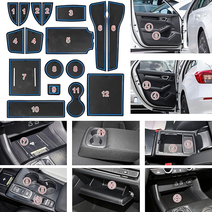 SENSHINE for Honda Civic Accessories 2022 2023 2024 2025 2026 11th Gen Sedan Cup Holder Insert Center Console Liner Door Slot Mats Pad Coaster Trim Premium Rubber Custom Interior 17PC Set (Blue Trim)