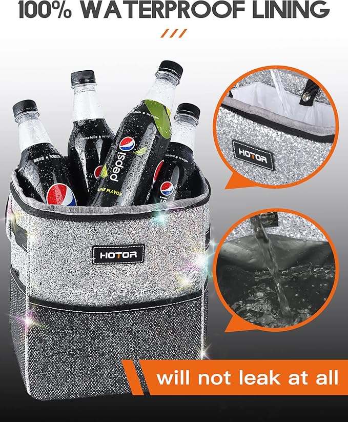 HOTOR Car Trash Can with Lid and Storage Pockets - 100% Leak-Proof Organizer, Waterproof Garbage Can, Multipurpose Trash Bin for Car, 2 Gallons, Sparkle White