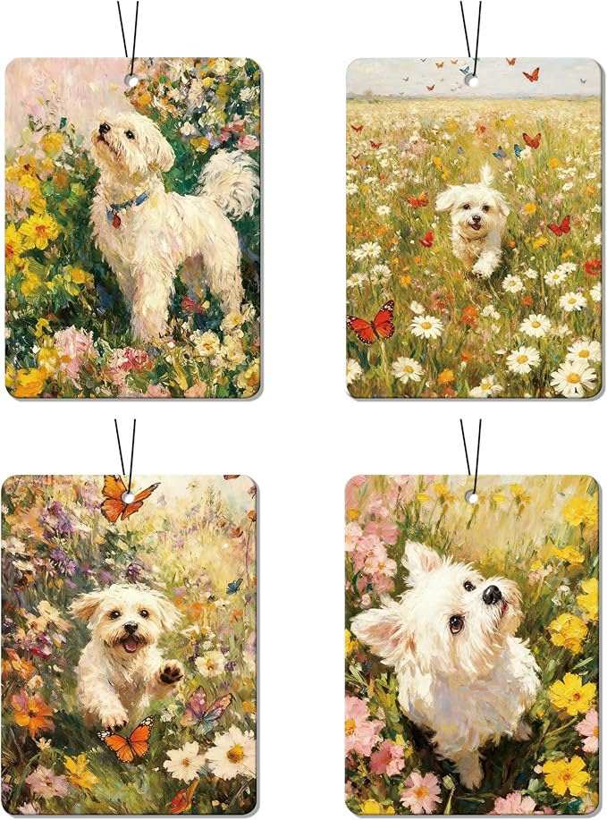 Vintage Floral Puppy Air Freshener 4Pcs, Artistic Dog & Flower Scene Air Freshener for Car Interior, Closet, Drawer, Books, Car Mirror Decor Hanging, Gift for Dog Lovers