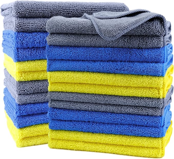 POLYTE Premium Microfiber Cleaning Towel,16x16 in 24 Pack (Blue,Gray,Yellow)