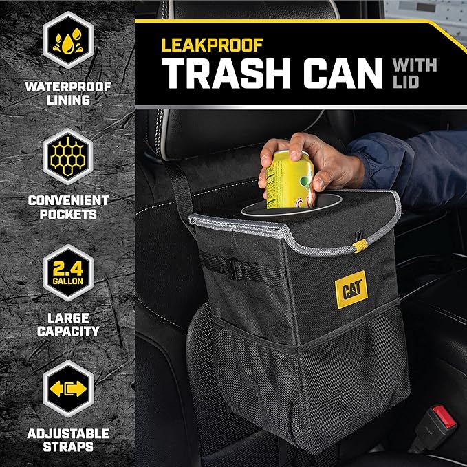 CAT® Car Trash Can & Ice Cooler – 2.4 Gallon Hanging Organizer with Anti-Spill Lid, Leak-Proof Waterproof Liner, Multi-Use Vehicle Bin for Cars, Trucks, SUVs – Heavy-Duty Travel Accessory