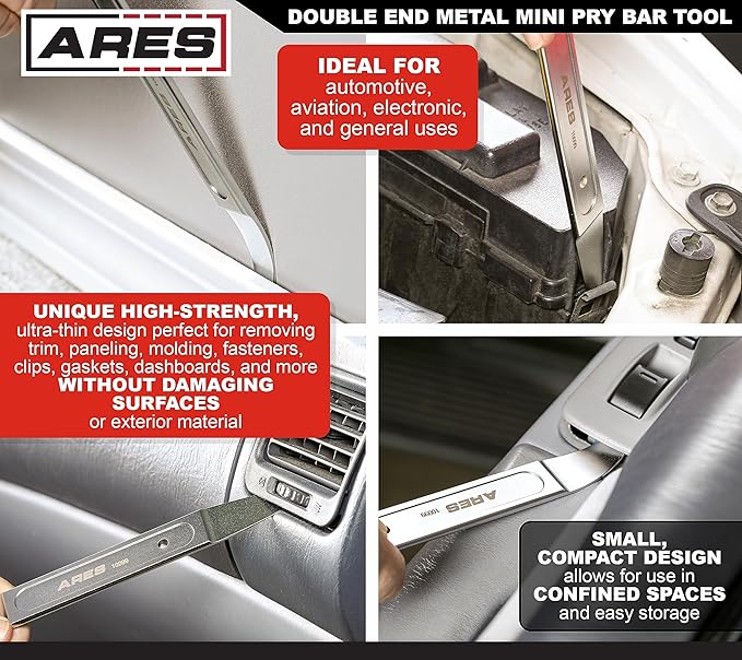 ARES 10099 - Compact Double End Metal Skin Wedge Prybar Tool - Durable Prybar Removes Trim, Paneling, Fasteners, and More - Compact Design with Curved and Straight Ends for Increased Versatility