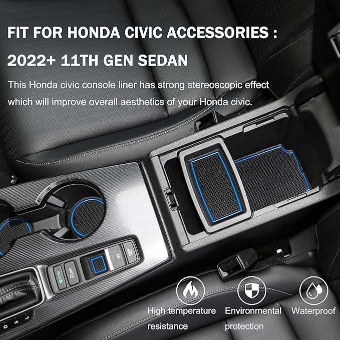 SENSHINE for Honda Civic Accessories 2022 2023 2024 2025 2026 11th Gen Sedan Cup Holder Insert Center Console Liner Door Slot Mats Pad Coaster Trim Premium Rubber Custom Interior 17PC Set (Blue Trim)