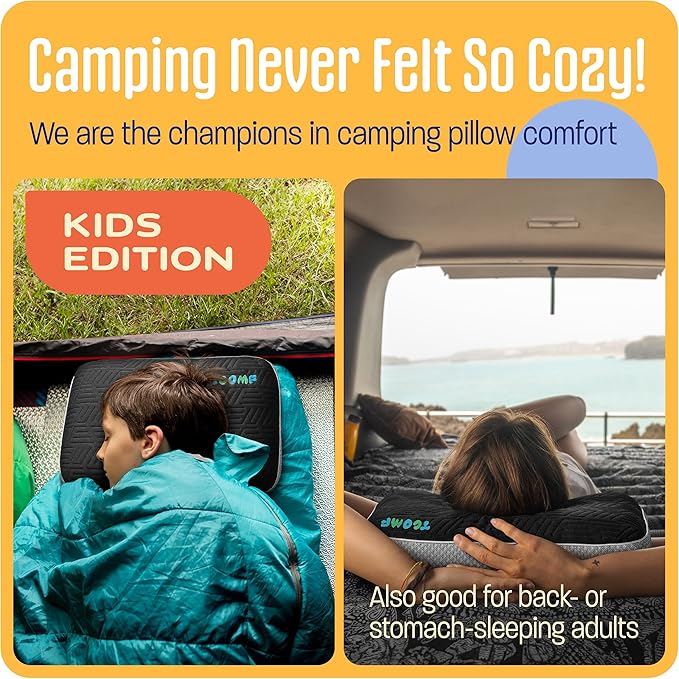 Kids Camping Pillow: Dual-Cover Memory Foam Small Pillow; Medium-Firm Camp Pillow | Mini Pillow w/ 5 Layers for Comfort and Support; Small Travel Pillow/Compact Pillow 10x16 Inches (Black)