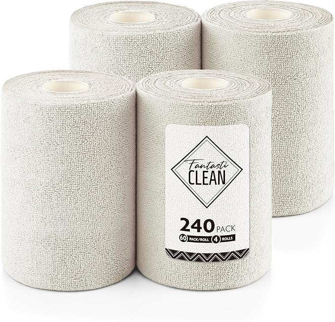 Fantasticlean Microfiber Cleaning Cloth Roll 4 Rolls 240 Pack, Tear Away Paperless Towels, 8" x 8", Reusable Washable Rags, House Kitchen, Pet, Office, Indoor Outdoor, Compact and Portable (Off-White)