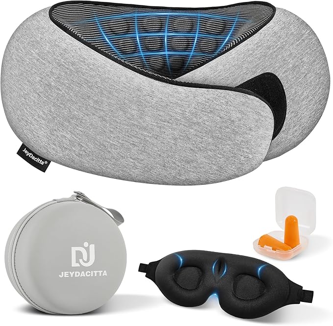 Premium Travel Pillow, Upgraded Memory Foam Neck Pillow, 360° Ergonomic Design Airplane Pillow Travel Pillows for Airplanes, Cars, Offices, Home Use, Ideal for Adults and Kids (Light Gray)