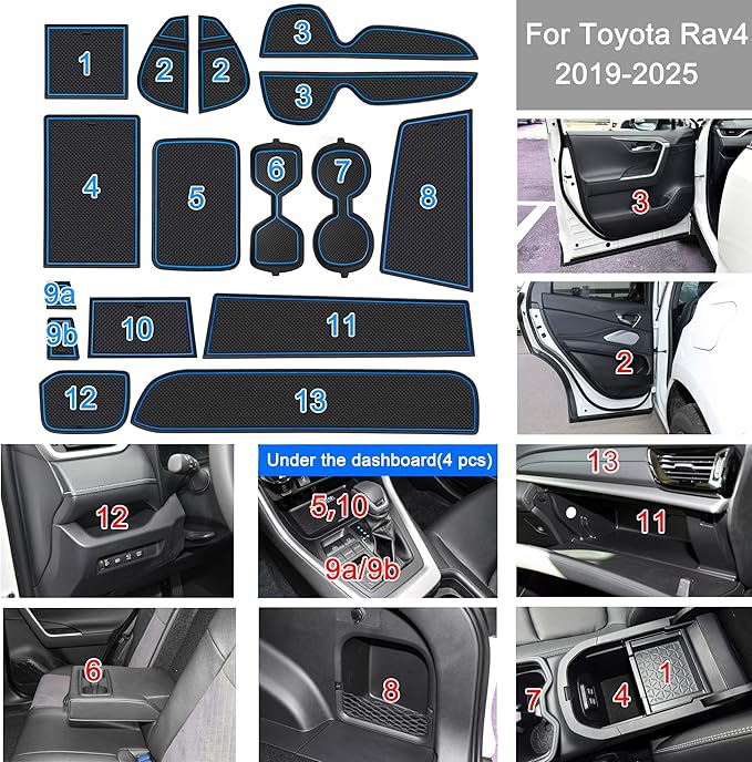 SENSHINE 3D Cup Holder Insert for Toyota Rav4 Accessories 2019-2023 2024 2025 Center Console Liner Door Pocket Mats Non-Slip Anti Dust Pad Premium Interior 16 Pcs (Blue Trim)