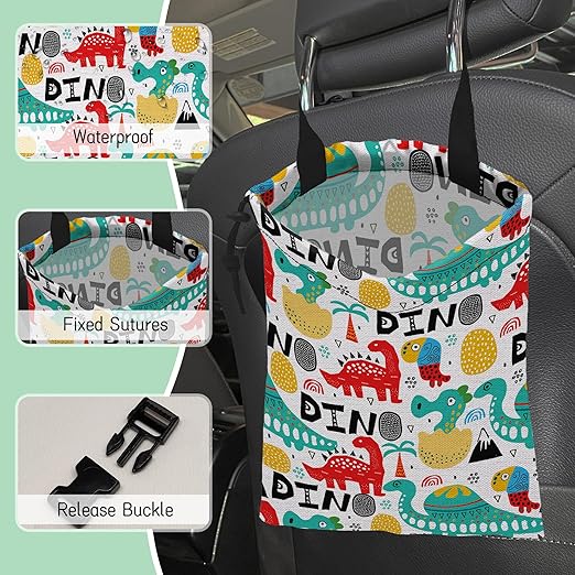 Cartoon Dinosaur Car Trash Bag,Palms Hanging Drawstring Car Garbage Bag,Waterproof Canvas Car Back Seat Organizer with Adjustable Buckle,for Vehicles,SUVs,Camping,Road Trips