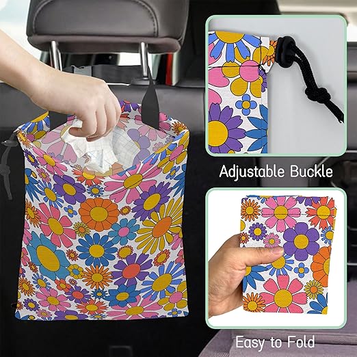 Groovy Flower Car Trash Bag,Retro Daisy Hanging Drawstring Car Garbage Bag,Waterproof Canvas Car Back Seat Organizer with Adjustable Buckle,for Vehicles,SUVs,Camping,Road Trips