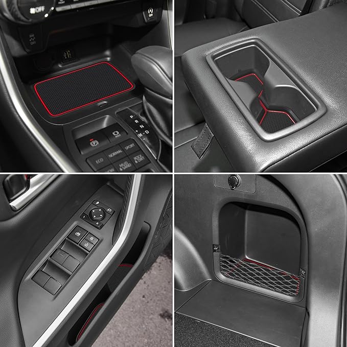 SENSHINE 3D Cup Holder Insert for Toyota Rav4 Accessories 2019-2023 2024 2025 Center Console Liner Door Pocket Mats Non-Slip Anti Dust Pad Premium Interior 16 Pcs (Red Trim)